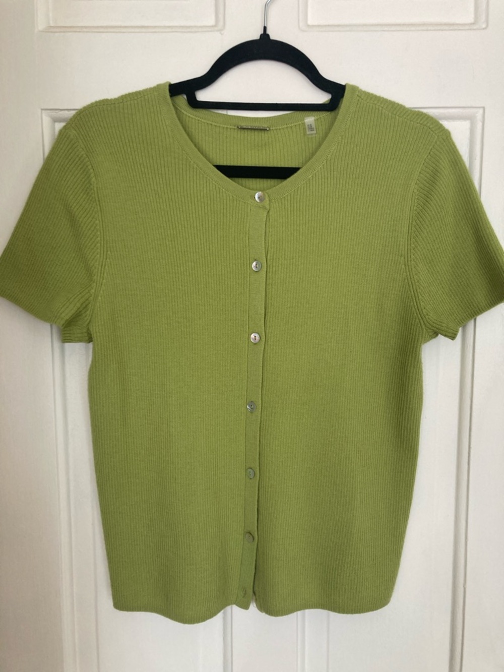 Elie Tahari Chartreuse Ribbed Short Sleeve Button Cardigan